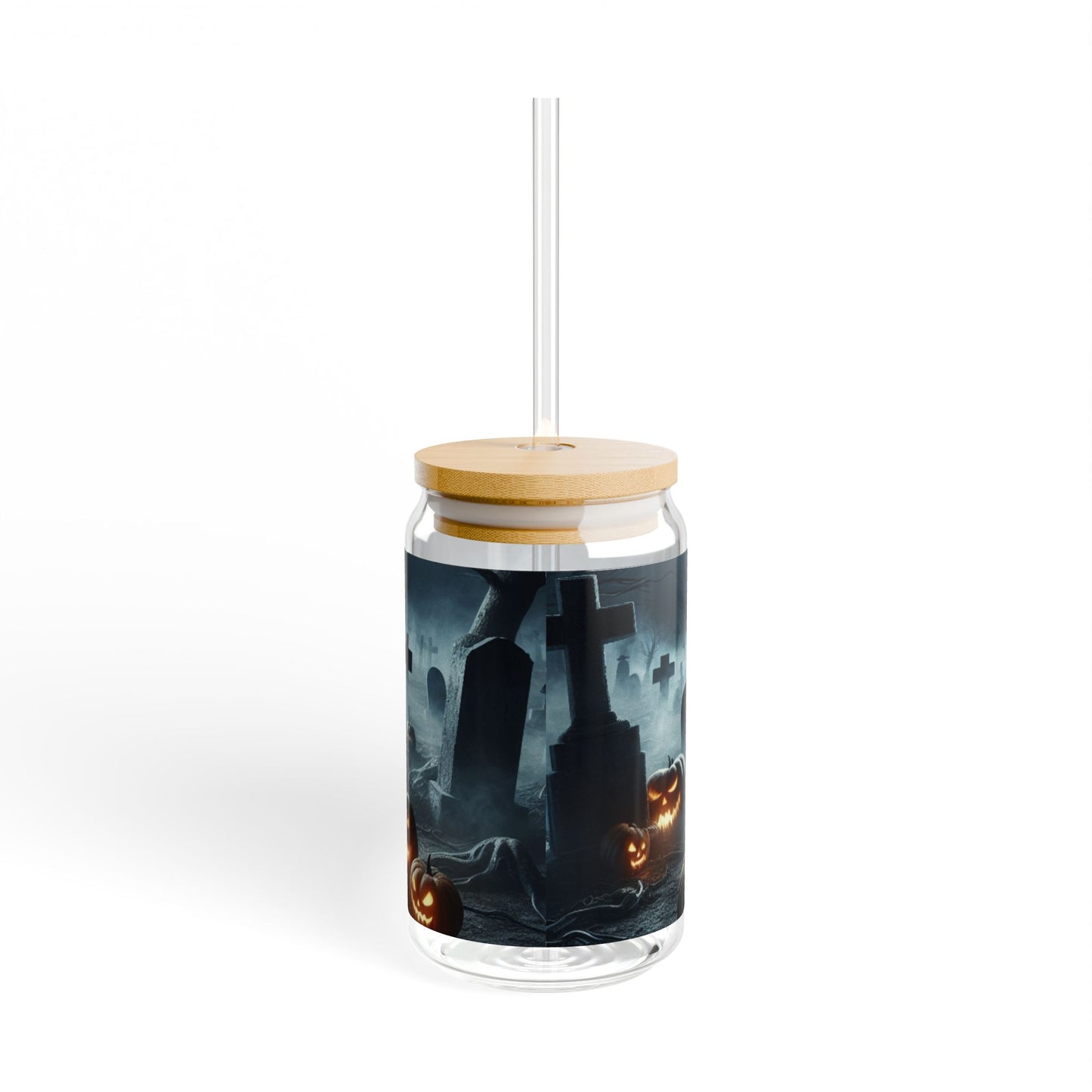 Halloween-Themed Sipper Glass, 16oz Pumpkin and Graveyard Design, Perfect for Spooky Parties, Fall Decor, Trick-or-Treat, Gifting