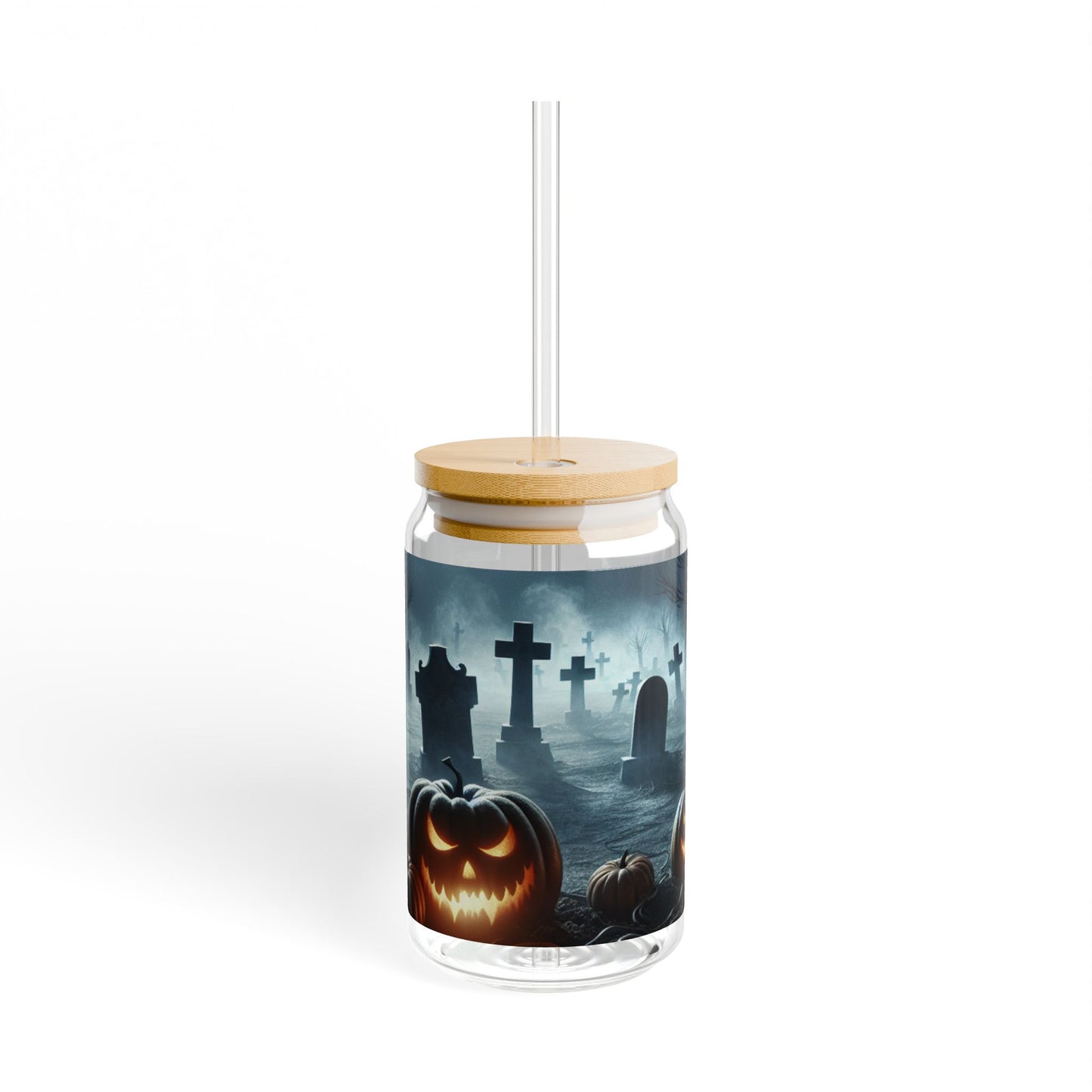 Halloween-Themed Sipper Glass, 16oz Pumpkin and Graveyard Design, Perfect for Spooky Parties, Fall Decor, Trick-or-Treat, Gifting