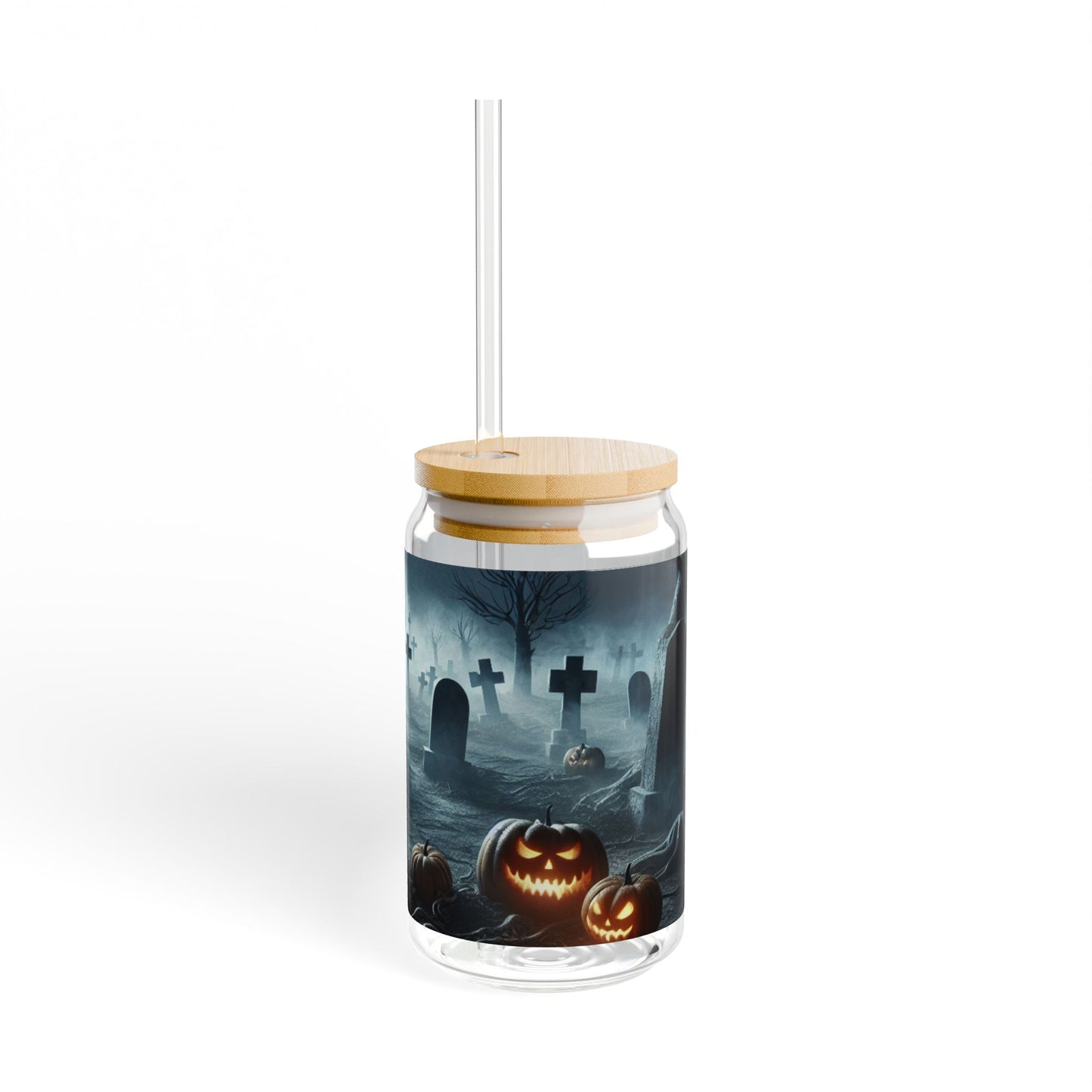 Halloween-Themed Sipper Glass, 16oz Pumpkin and Graveyard Design, Perfect for Spooky Parties, Fall Decor, Trick-or-Treat, Gifting