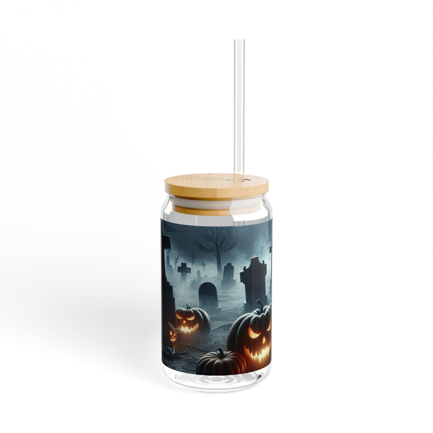 Halloween-Themed Sipper Glass, 16oz Pumpkin and Graveyard Design, Perfect for Spooky Parties, Fall Decor, Trick-or-Treat, Gifting