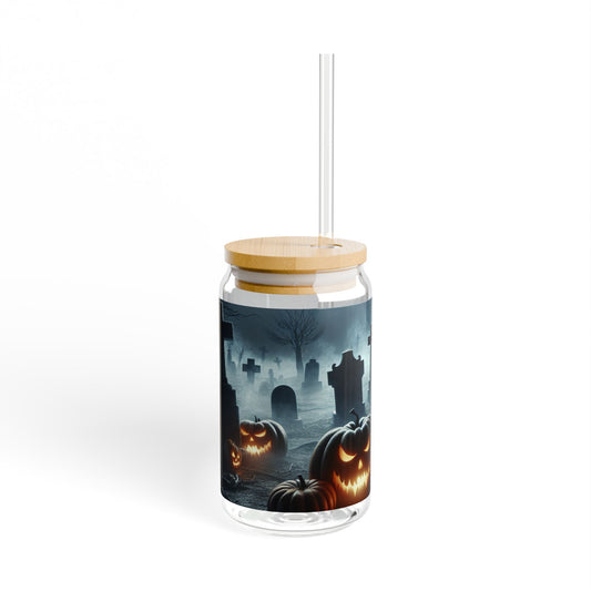 Halloween-Themed Sipper Glass, 16oz Pumpkin and Graveyard Design, Perfect for Spooky Parties, Fall Decor, Trick-or-Treat, Gifting