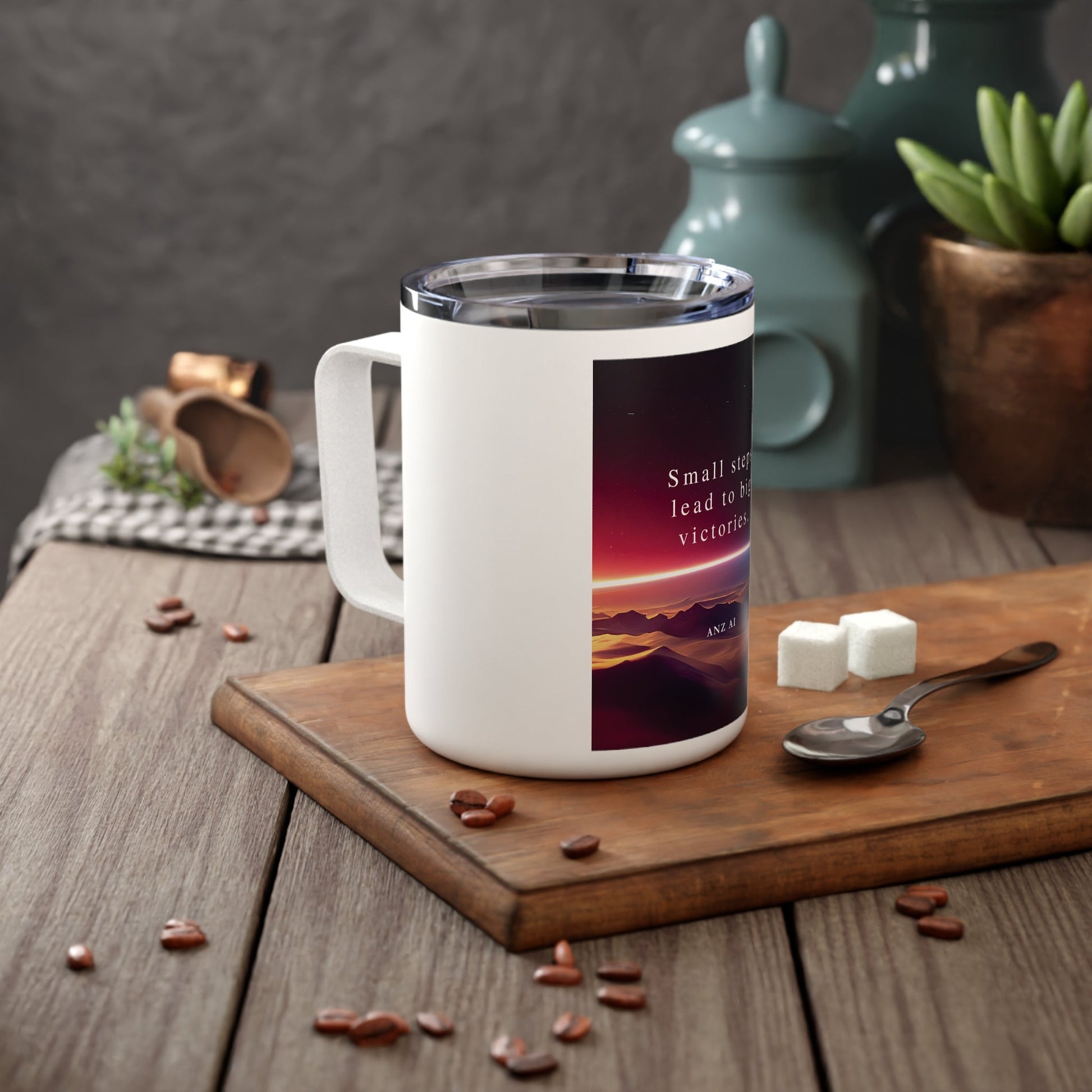 Inspirational Insulated Coffee Mug - 10oz - 'Small Steps Lead to Big Victories' - Anz AI