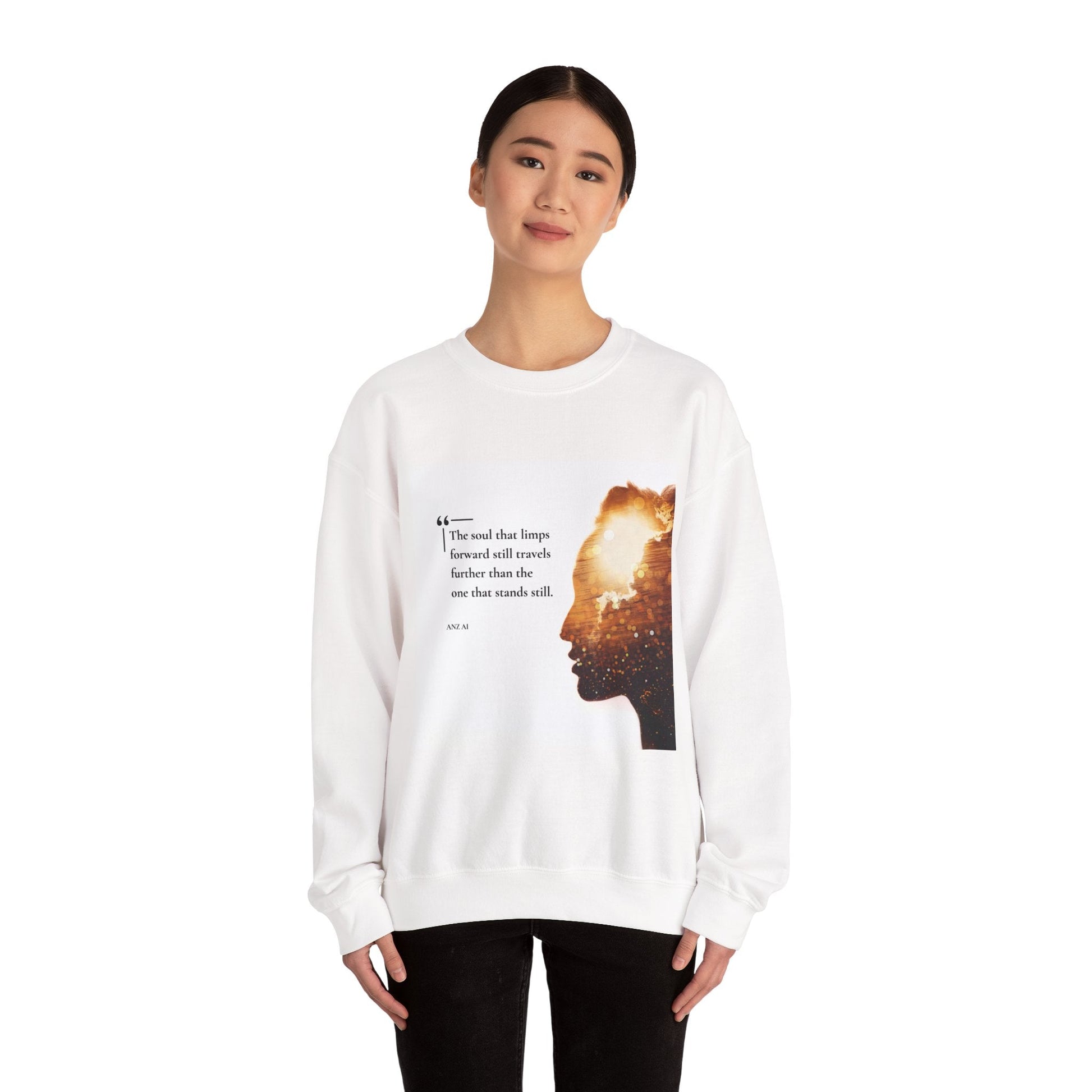 Inspirational Quote Crewneck Sweatshirt - The Soul That Limps Forward - Anz AI